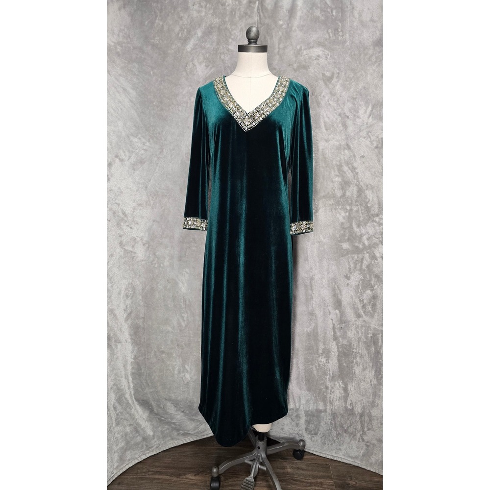 Emerald Green Velvet Beaded V-Neck Midi Gown Dress Sz 14 Evening Sheath Altered